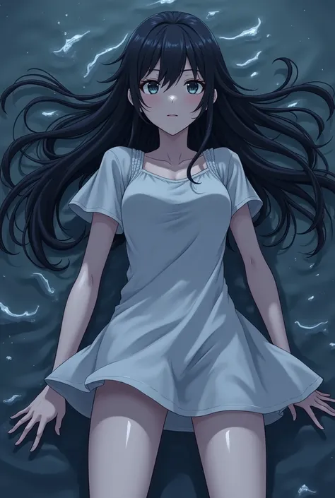 An anime girl with long straight black hair, cold, lying on her back, legs spread, wet, letting out overflowing