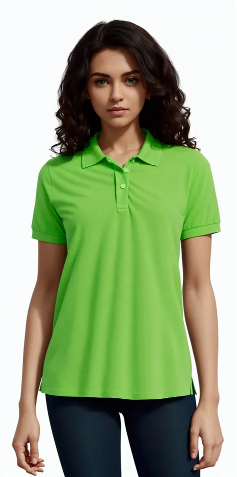 a woman wearing a green polo shirt and jeans, in a dark green polo shirt, green shirt, lime green, wearing polo shirt, collared shirt, casual green clothing, green clothing, light green, short sleeves, in a dark teal polo shirt, green clothes, wearing gree...