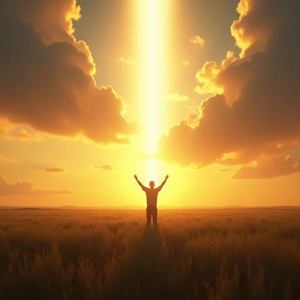 Visualize a person standing in a vast, open field at sunset, with arms raised toward the sky in surrender. The clouds part, and a beam of light shines directly on them, symbolizing God turning to them and hearing their cry.