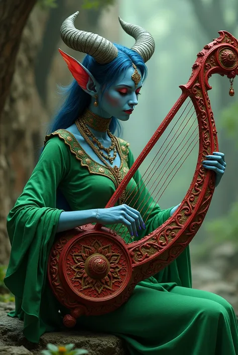 tiefling bardo, playing a lyre, green clothes with red, ash blue skin