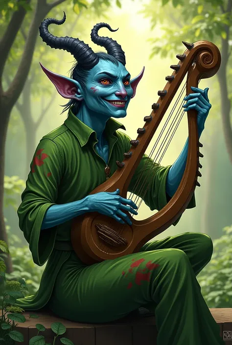 tiefling bardo, playing a lyre, green clothes with red, ash blue skin, horns and not so long ears, happy