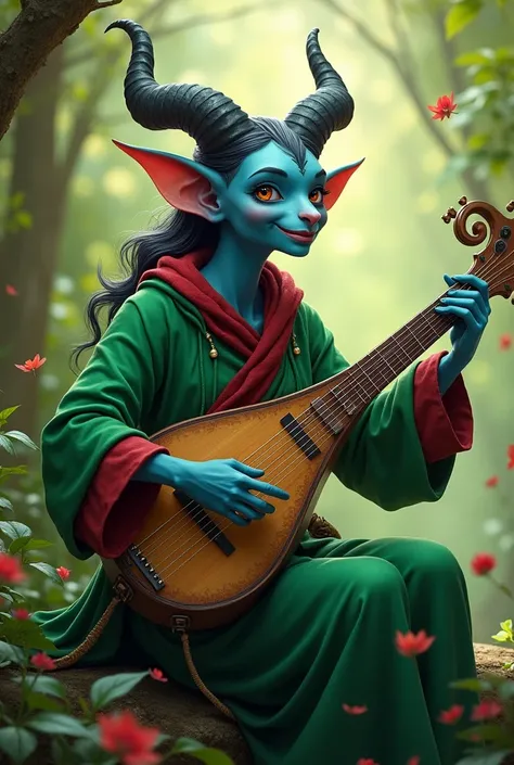 tiefling bardo, playing a lyre, green clothes with red, ash blue skin, horns and not so long ears, happy