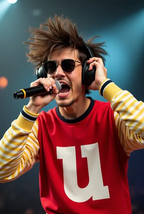 ome hair sticking out from the front opening. He has sunglasses on, is wearing headphones, and is holding a microphone close to his mouth with one hand, while the other hand is placed on the headphone over his ear. He is dressed in a long-sleeved, white an...