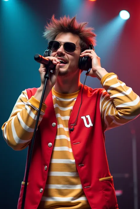 ome hair sticking out from the front opening. He has sunglasses on, is wearing headphones, and is holding a microphone close to his mouth with one hand, while the other hand is placed on the headphone over his ear. He is dressed in a long-sleeved, white an...