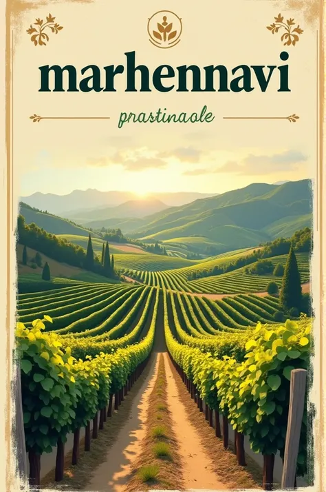 Create only one rectangular wine label with the title in capital letters "marhennavi" That&#39;s the brand, en the label que se vea el paisaje de un viñedo floreciente y hermoso.
I don&#39;t want a wine, solo crea the label, that&#39;s all, the label