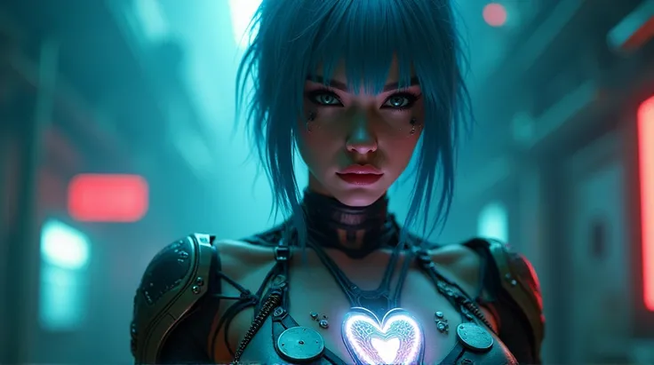 Beautiful gorgeous cyberpunk cyborg woman showing her glowing heart, photo 50 mm, cyberpunk eerie background, blue partially shaved hair, hair bangs