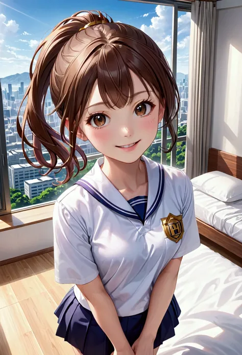 Black Eyes, 1 woman, (female)), solo, real, top quality, photorealistic, masterpiece, 8K, HDTV, solo, hdtv face, soft lighting, bedroom, ((daytime)), sky, (looking at camera), (portrait: 0.6), full-body, (medium hair), ponytail, brown hair, floating hair, ...