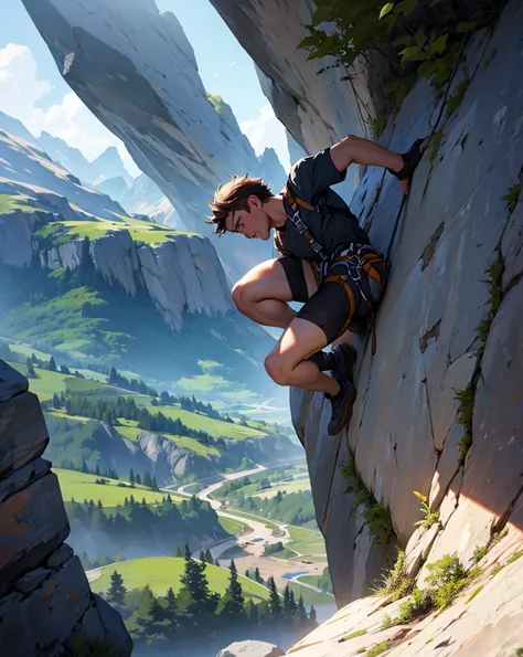 Man rock climbing with harness on a mountain