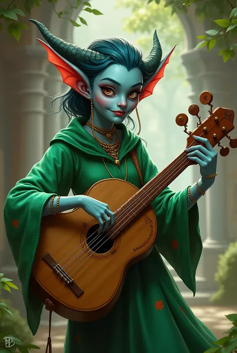 tiefling bardo, playing a lyre, green clothes with red, ash blue skin, cheerful woman, Small ears