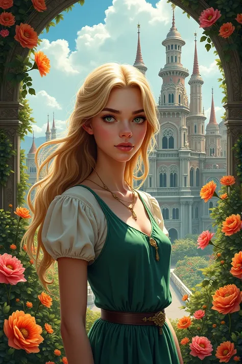 Make the cover for my book The Fate of Anne, put my name Kelly Ramos , make an image with flowers and a palace in the background, with vivid colors, the image is very realistic, the character has green eyes and blonde hair 