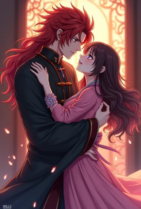 Kyojuro Rengoku, hugging a brunette with long wavy hair, and purple eyes, a pink kimono. Demon Slayer Traits.