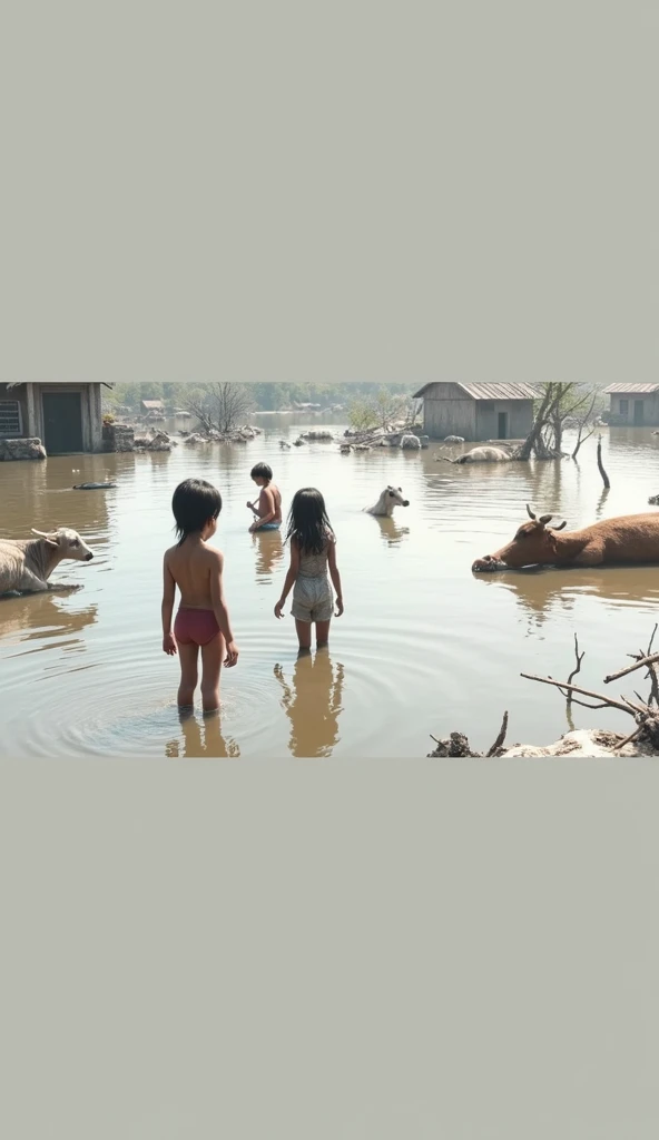 Flooded forests and houses.  There are clothes, dishes, various useful items, dead cows, goats, dead children in the water.