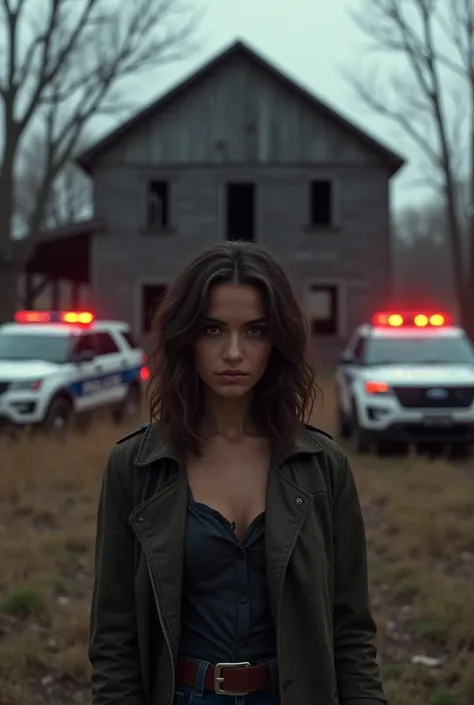 In the background, an abandoned barn and police vehicles.  Back woman, brown, slightly wavy hair.  