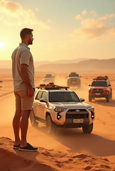 A man wearing a summer shirt and summer shorts looks from a distance at a convoy of four-wheel drive vehicles carrying delicious Moroccan tagines and dishes. A real life giant.