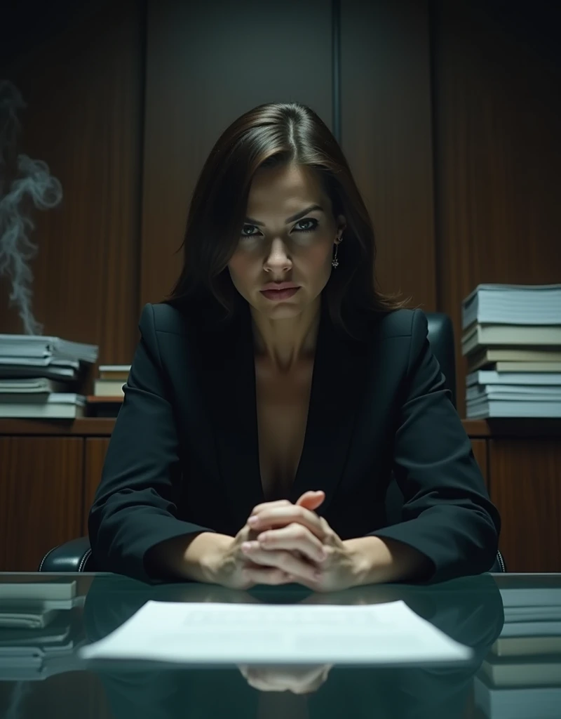 A close-up shot of a ruthless businesswoman, seated behind a sleek glass desk in a dimly lit, modern office. Shes surrounded by stacks of documents and a faint hint of cigar smoke hangs in the air. Her piercing gaze is fixed on a potential adversary, her c...