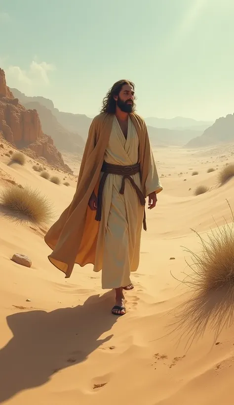 Create a contemplative image of Jesus wandering alone in a desolate desert. Depict Jesus walking through a vast, arid landscape with rolling sand dunes or rocky terrain, with a look of solitude and reflection. The sky should be clear but harsh, with the su...