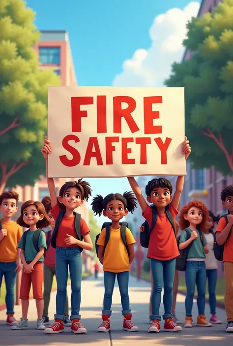 Young people at school, holding a sign about fire awareness