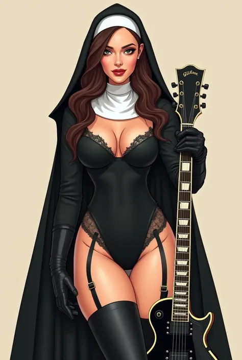 Flat factor of a sexy busty warrior nun. She is wearing a body suit, black,(((elegantly laced))). she has a tempting smile. Brunette, weavy hair over her shoulders. White neckerchief and cap. she is wearing a black cloak, leathers straps. She is playing a ...