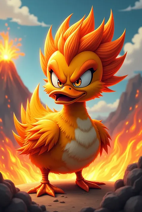 Make a Duck that looks like the Angry Chick with Yellow eyes With Orange feathers with Spiky hair Similar to a Saiyan in the color Orange and with fire around the Duck and have a fire design on the belly and In the place without color With a volcano erupti...