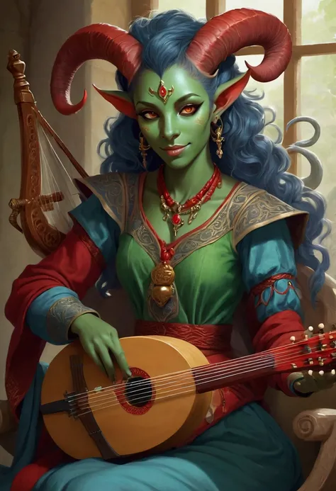 tiefling bardo, playing a lyre, green clothes with red, ash blue skin, cheerful woman