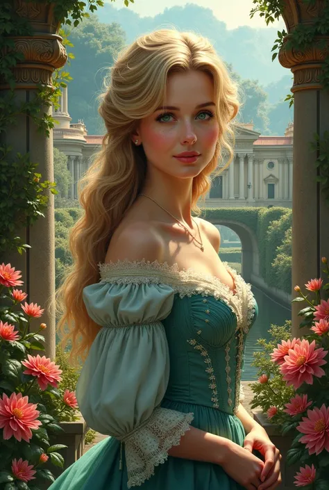 Make the cover for my book The Fate of Anne, put my name Kelly Ramos , make an image with flowers and a palace in the background, with vivid colors, the image is very realistic, the character has green eyes and blonde hair , wearing a dress from the year 1...