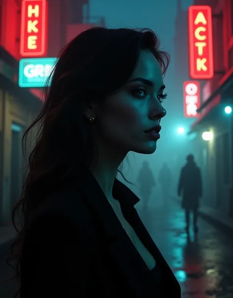 A cold and calculating femme fatale stands alone on a dimly lit street, her piercing gaze seeming to bore into the souls of those around her. The flickering neon signs cast an eerie glow on her porcelain skin, highlighting the sharp angles of her face. Her...