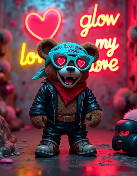 :: background splash pain, neon graffiti background with hearts,  rock star black leather and red cloth, dark neon graffiti mode bear  on the background neon red heart and metallic foil wall:: photo of 1 toy bear full body with fashion aqua blu bandana pol...