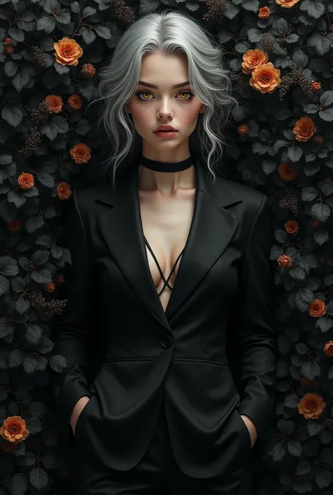 (top quality, masterpiece), (1 girl, solo, black suit, standing, watching viewer, gray hair, yellow eyes, mouth closed, upper body), (huge black bouquet background, floral background)