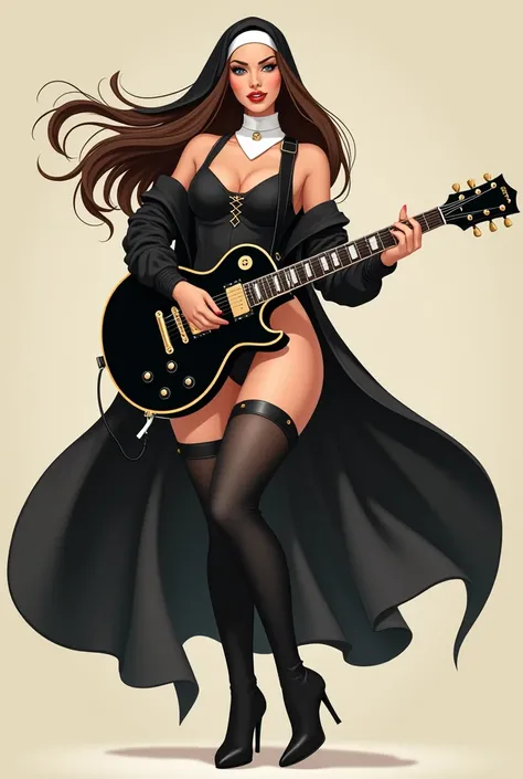 Flat factor of a sexy busty warrior nun. She is wearing a body suit, black,(((elegantly laced))). she has a tempting smile. Brunette, weavy hair over her shoulders. White neckerchief and cap. she is wearing a black cloak, leathers straps. She is ((playing)...