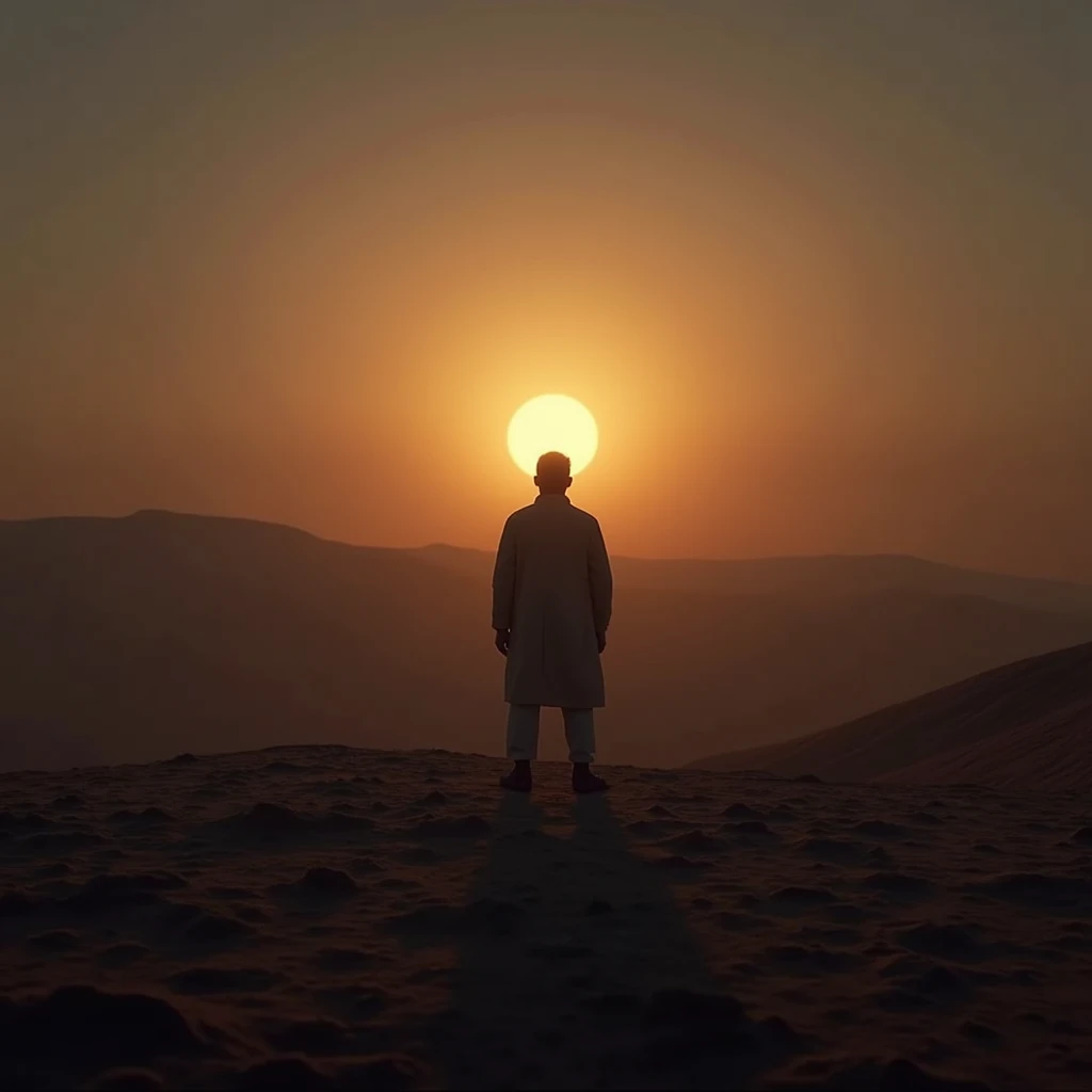 Depict a person standing on the edge of a vast desert as night falls. A glowing light from the horizon begins to illuminate their path, signifying Gods acknowledgment of their patience and His readiness to guide them.