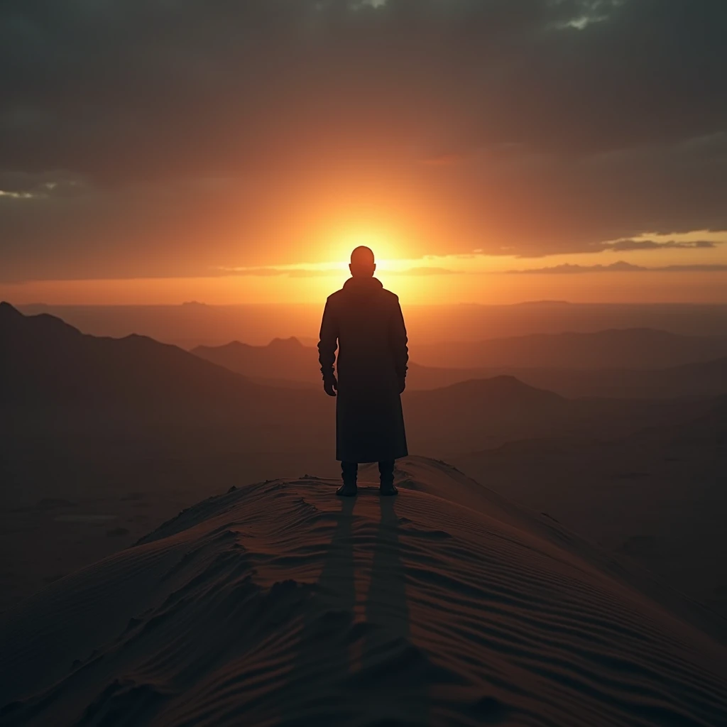 Depict a person standing on the edge of a vast desert as night falls. A glowing light from the horizon begins to illuminate their path, signifying Gods acknowledgment of their patience and His readiness to guide them.