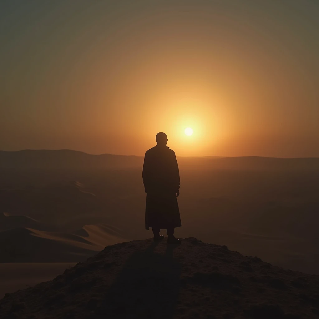 Depict a person standing on the edge of a vast desert as night falls. A glowing light from the horizon begins to illuminate their path, signifying Gods acknowledgment of their patience and His readiness to guide them.