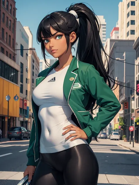 (best quality), 1girl, female, tanned skin, black hair, high ponytail, side swept bangs, long hair, green eyes, perfect eyes, sport jacket, leggings, athletic, smug, masterpiece, anatomically correct, highres
