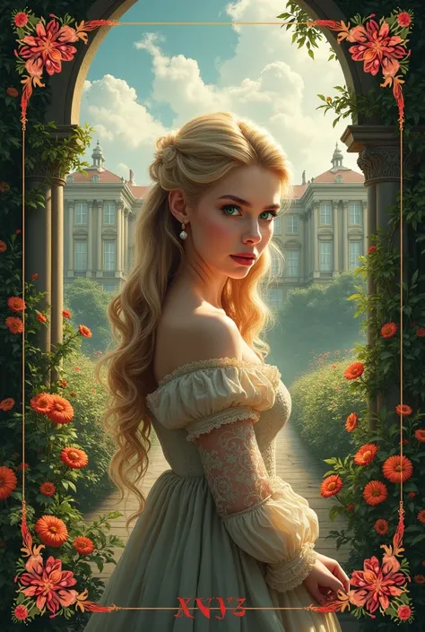 Make the cover for my book The Fate of Anne, put my name Kelly Ramos , make an image with flowers and a palace in the background, with vivid colors, the image is very realistic, the character has green eyes and blonde hair , wearing a dress from the year 1...