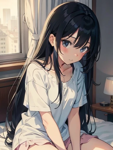 in the bedroom in the morning, an anime girl with long black hair was sitting on the bed in a girl&#39;s sitting position, strai...