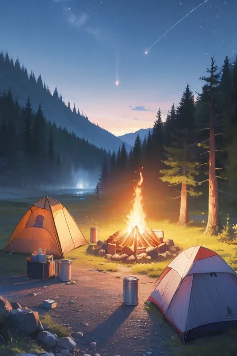 8k,Extremely detailed, masterpiece,High resolution,Highest quality,Increase the resolution,Cinema Lighting,Different space，Ultra Wide Angle，A girl is camping alone、Solo Camping，The only pop-up tent，Simple fire pit，Small bonfire，Canned food，vision，Milky Way