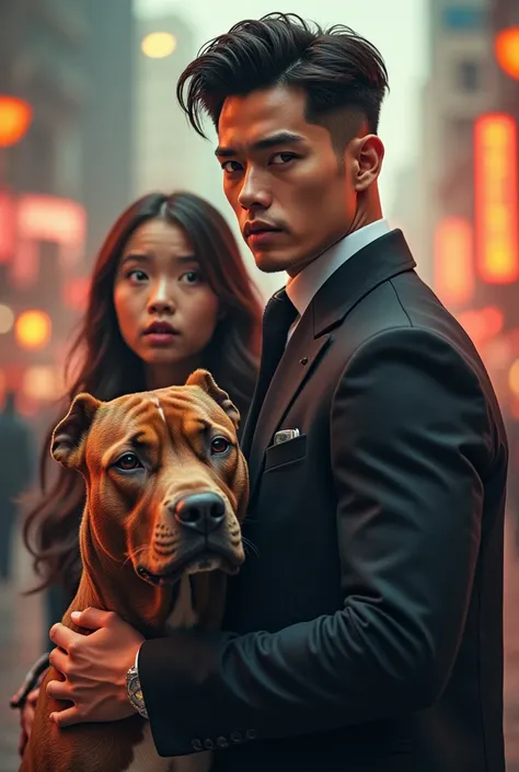 Handsome K-pop singer next to his pitbull dog next to an amazed girl movie poster 