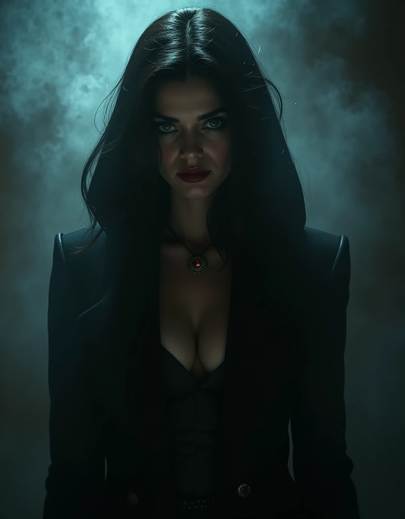 Mid-shot of a mysterious woman, shrouded in shadows, yet radiant with calculated allure. She sits confidently, her eyes gleaming like polished gemstones, as she manipulates the strings of power from behind the scenes. A dimly lit, smoke-filled room provide...