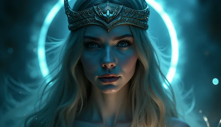 a ethereal spirit in an unseen dream, a halo enveloped in enigmatic magic (viking inspired:0.45), opening the dark doorway to void energy, detailed portrait of a woman, beautiful detailed eyes, beautiful detailed lips, extremely detailed eyes and face, lon...