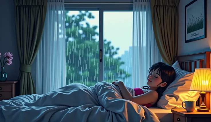 Create a high-quality anime-style scene of a cozy bedroom during a gentle rainstorm. The room should have soft, warm lighting with detailed elements like a bed, pillows, and a window showing raindrops only on the outside. A person is lying peacefully in be...