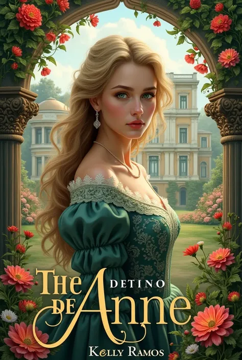 Make the cover for my book The Fate of Anne, put my name Kelly Ramos , make an image with flowers and a palace in the background, with vivid colors, the image is very realistic, the character has green eyes and blonde hair , wearing a dress from the year 1...