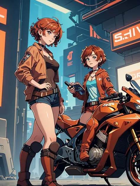 (masterpiece), (best quality), (1girl), (adult), (copper red hair), (curly hair), (short hair),  body figure, small breasts, (brown eyes), freckles, (cyberpunk outfit), (blue clothes), boots, chocker necklace