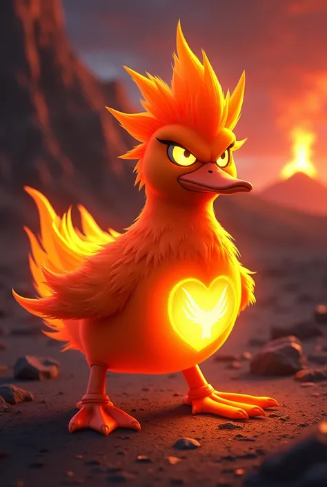 Make a Duck that looks like the Angry Chick with Yellow eyes With Orange feathers with Spiky hair Similar to that of a Saiyan in the color Orange and with a fire aura and have a fire logo drawn on the Duck&#39;s belly and In the colorless place With a volc...