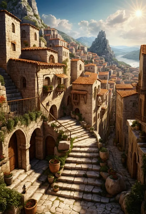 beautiful medieval fantasy city on top of a mountain, ancient greek roman architecture, steps, staircases, alleyways, streets, people, markets, houses, palaces, small castles, bridges between mountains, a huge draconic temple in the middle of the town, whi...