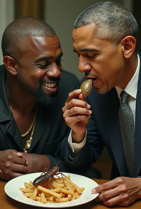 Make a picture of Kanye West with Barack Obama eating a bug 