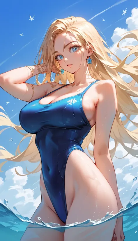 girl, dark blue swimsuit, blonde, blue eyes, Hyper Realistic, masterpiece