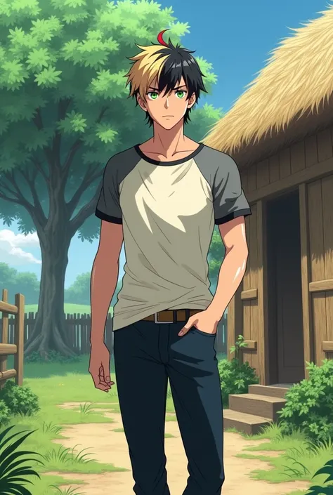 a fantasy anime boy with short and tidy "some blonde and some black hair with a little much red hair" mixed . White shirt with gray short sleeves and black edges, cream colored t-shirt underneath. The buttons are closed. Standing in front of the door of a ...