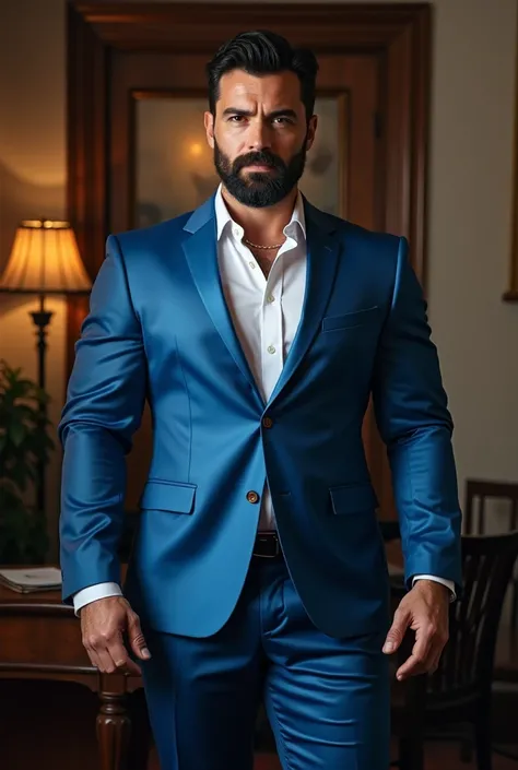 40 years old,daddy,"blue satin suit ",hd ,in the office,"big muscle", gay ,black hair, face,masculine,strong man,boss ,handsome,lecherous dad, ,dad is handsome, horny dad, very big bulge in satin blue suit trousers, musculer chest, big well maintained bear...