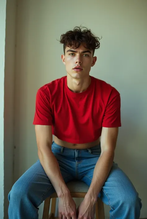 high fashion photography of a thick-bodied young man as a ((starship engineer)) with ((emo haircut)) wearing (retro 80s clothes),dressed in red crop top,blue jeans,light textures,plain wall,neutral colors,indoor setting,seated,arms crossed,legs bent,center...