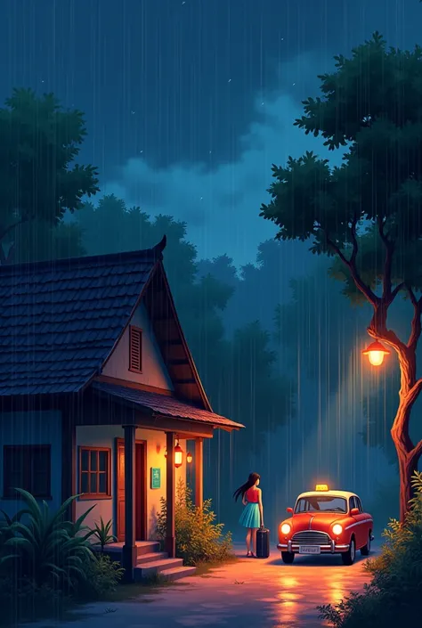 old South Indian home and this home is left side of the image only side view of the image, old South Indian home and this home is left side of the image, anime version, cartoon style, animation, Night time, dark sky, stars in that night sky, lots of rain, ...